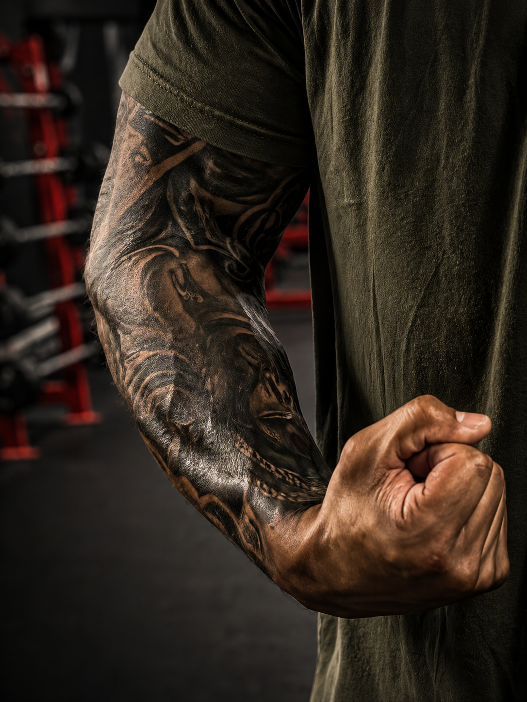 Close-up of a tattooed arm flexing during a workout in the gym.