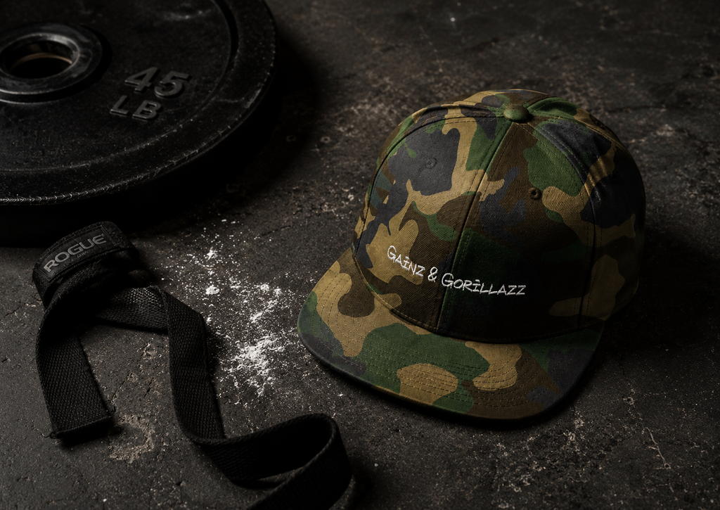 Gainz & Gorillazz camo snapback hat with weightlifting gear in a gym